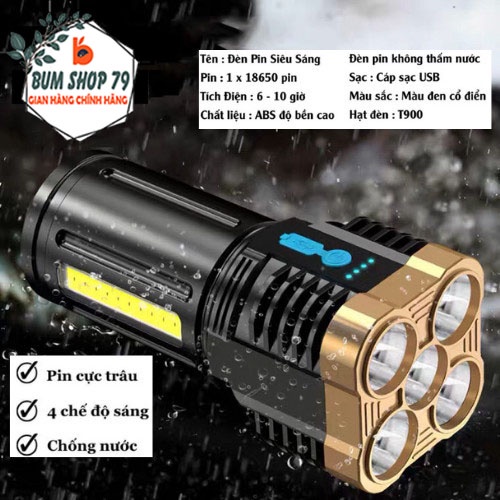 Đèn pin siêu sáng 5 bóng với 4 chế độ sáng thiết kế nhỏ gọn tiên lợi, Đèn tích điện siêu sáng cầm tay độ sáng cao