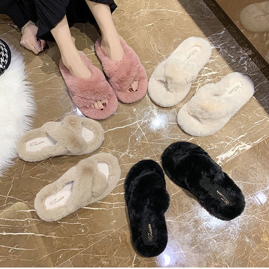 Dép vải lông nhân tạo đế bằng quai chéo chống trượt thời trang thu đông dành cho nữ