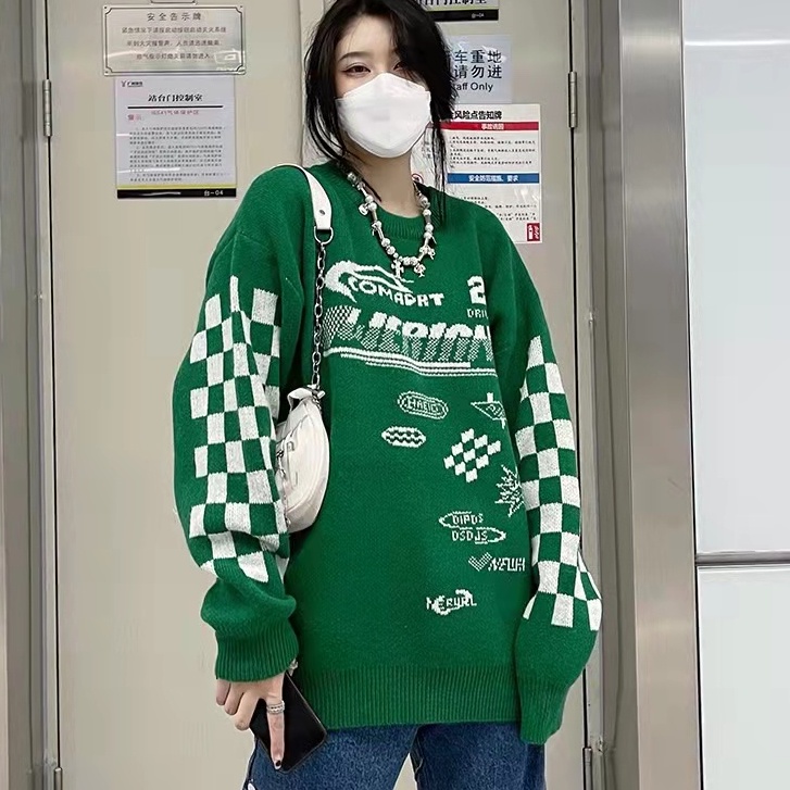 Áo sweater dệt kim dáng rộng tay dài họa tiết chữ và caro cổ tròn thời trang Hàn Quốc retro cho nữ lỏng lẻo quá khổ