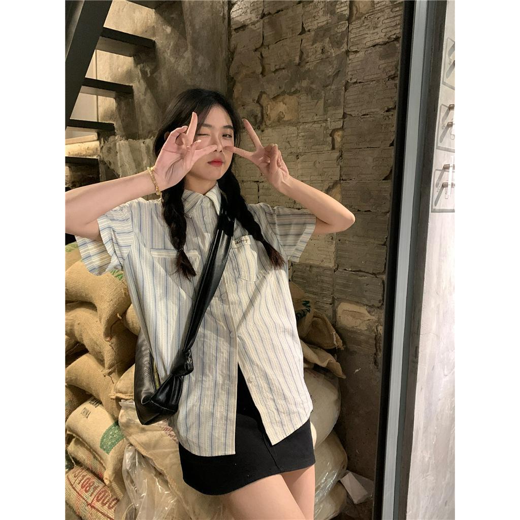 Áo Sơ Mi Kẻ Sọc Dáng Rộng Ngắn Tay Phong Cách Hàn Quốc Thời Trang Mùa Hè 6332