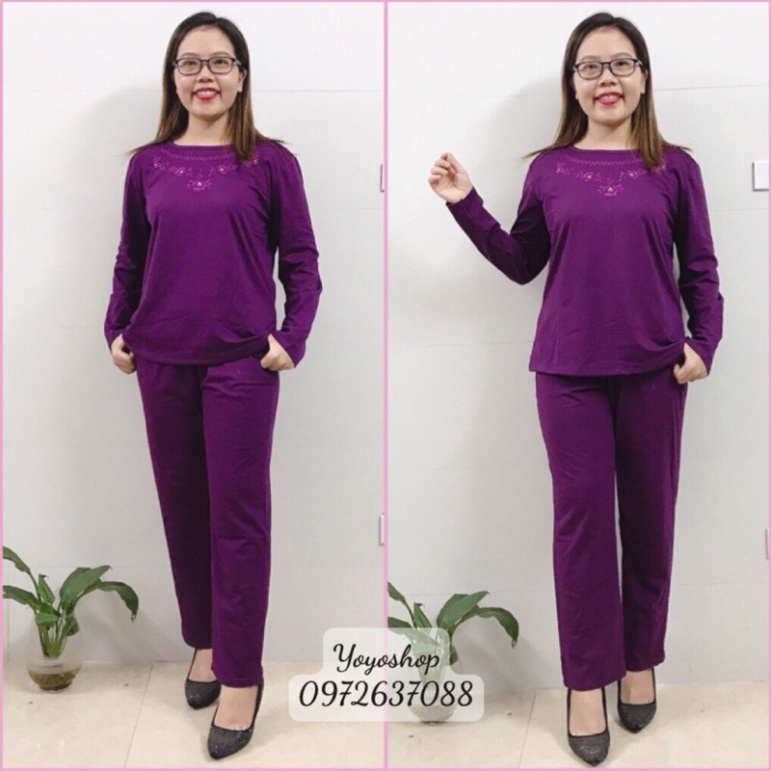 Bộ Dài Tay Thu Đông Chất Cotton Trung Niên- Bộ Mặc Nhà Thu Đông cho Mẹ cho Bà thêu hoa dây chuyền