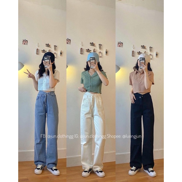 Quần jeans cạp chéo 1331 - Áo croptop nhăn - ảnh thật