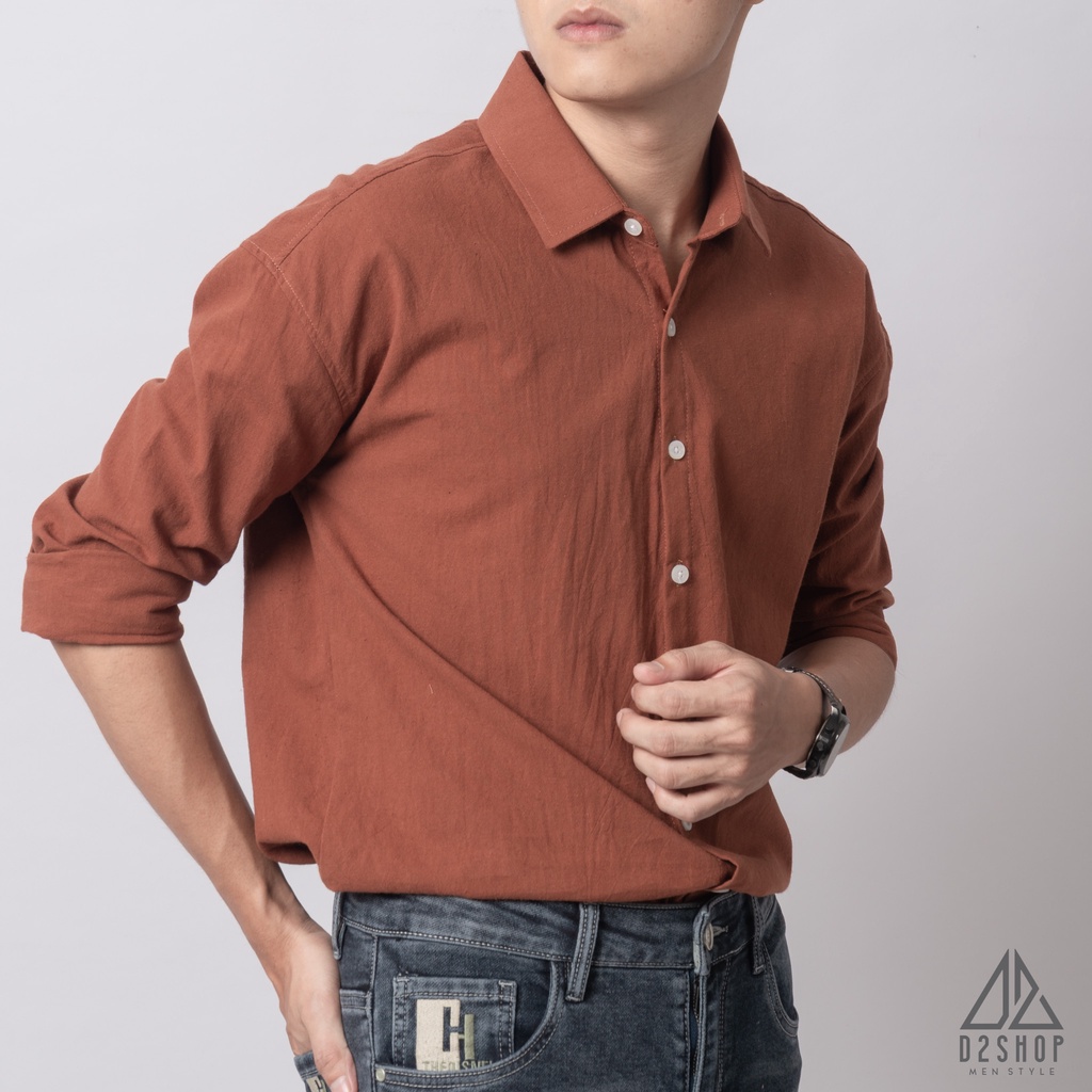 Áo sơ mi D2shop, áo sơ mi nam dài tay vải linen trơn, màu cam đất