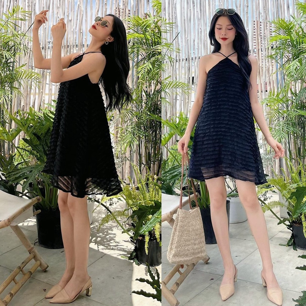 Váy hai dây nữ cổ yếm Linly Store dáng xòe chất von họa tiết V-VHD3