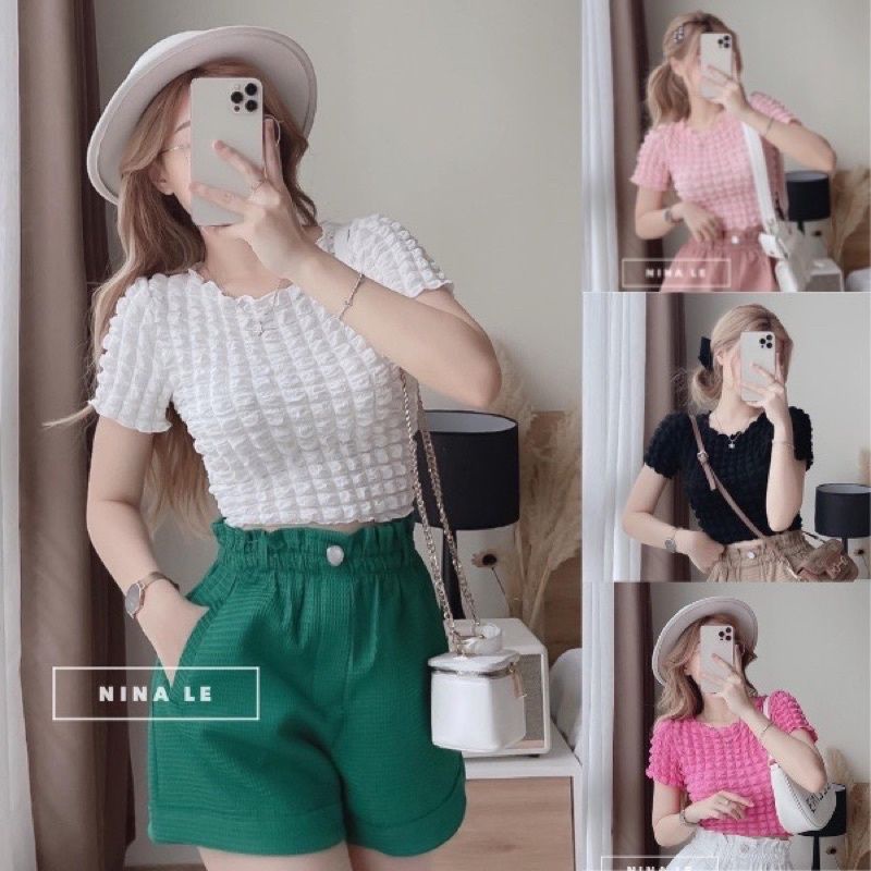 ÁO CROPTOP NGẮN TAY VẢI XỐP XỊN XÒ B43
