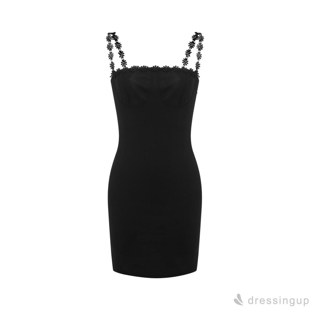 DRE-Women’s Casual Suspender Short Dress，Fashion Solid Color Boat Neck Skinny Dress with Floral Strap