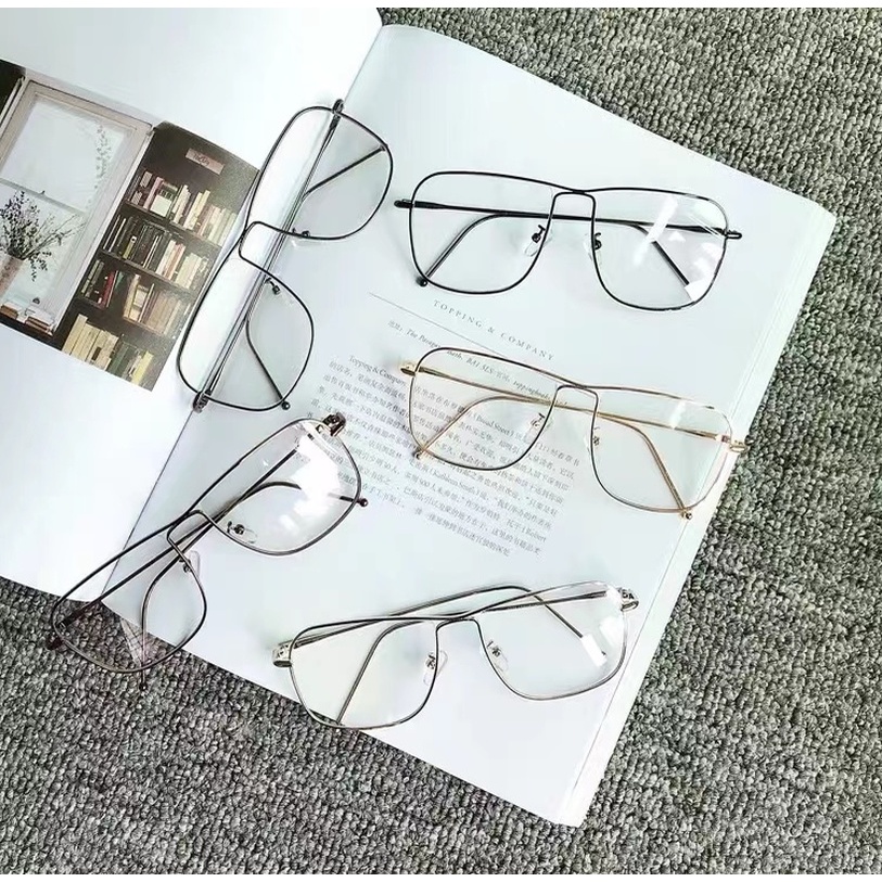 (KIQI-FASHION) COD Mắt Kính Gọng Vuông Lớn Bằng Kim Loại Chống Bức Xạ Thời Trang Hàn Quốc Cho Nam Nữ