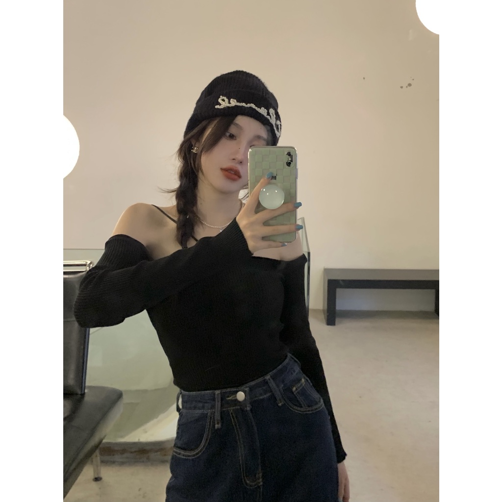 Áo Dệt Kim Nữ Tay Dài Trễ Vai Gợi Cảm Thời Trang