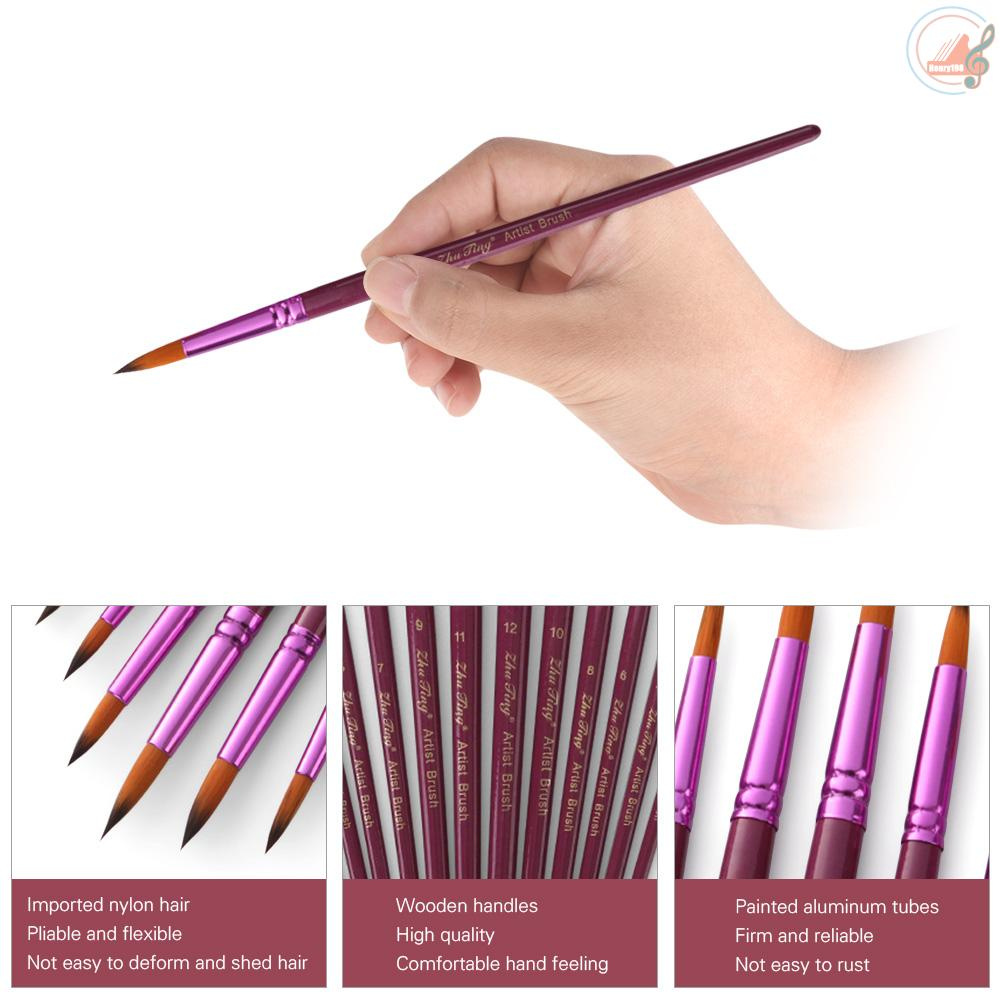 Professional 12pcs Round Pointed Tips Paint Brush Set Different Sizes with Bicolor Nylon Hair Wooden Handle Paintbrushes Art Supplies Gift for Artists Children Students Beginners for Watercolor Acrylic Oil Painting