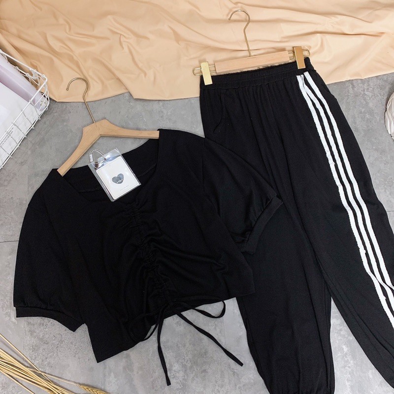 Set Áo Croptop Rút Dây + Quần Thể Thao Sọc