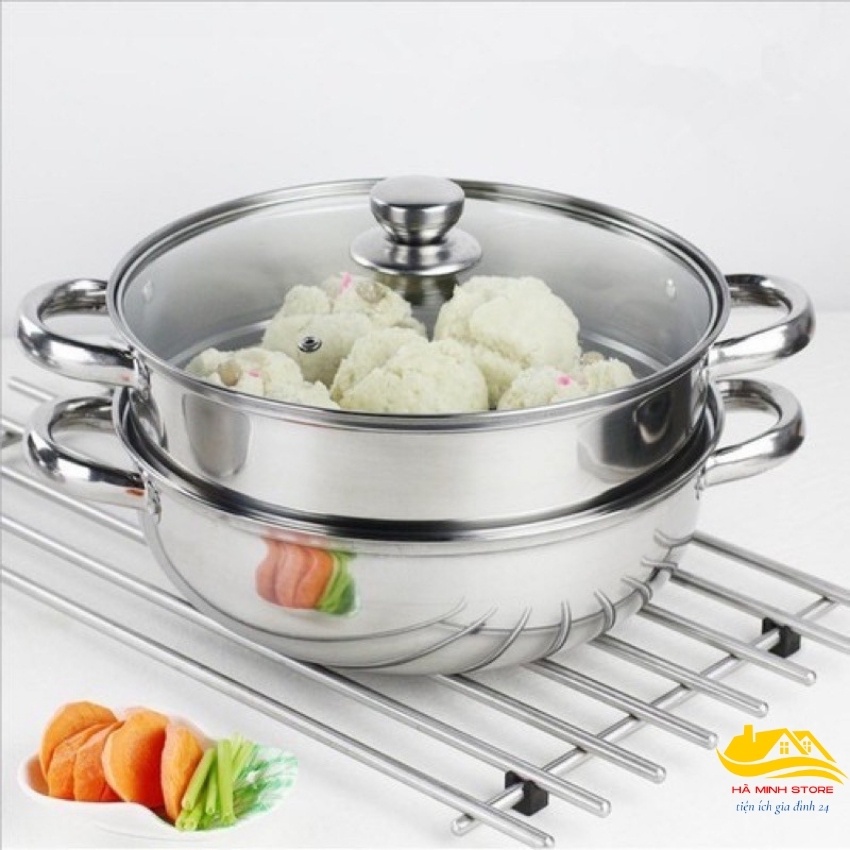 Nồi hấp 2 tầng inox đường kính 28cm, nồi hấp bánh bao, Xửng hấp 2 tầng đa năng phù hợp  với các loại bếp Hà Minh Store