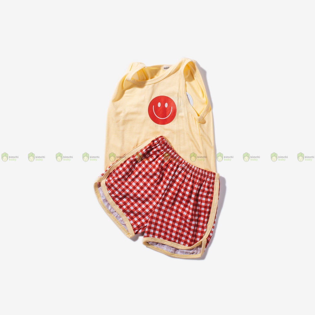 Bộ Ba Lỗ Bé Trai, Bé Gái MinkyMom Vải Thun Lạnh Hoạ Tiết Mặt Cười Quần Kẻ , Áo 3 Lỗ Cho Bé Mặc Hè Thoáng Mát MKM3LO2213