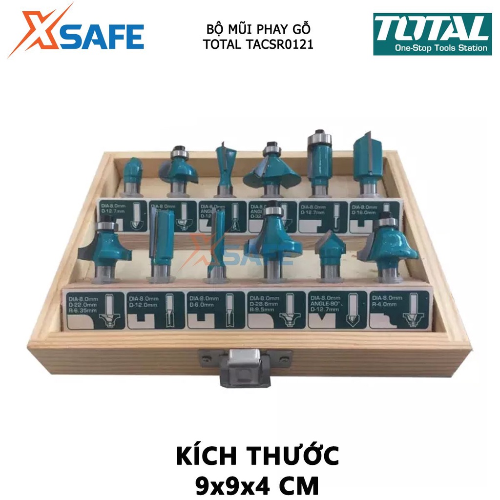 Bộ 12 mũi phay gỗ TOTAL đường kính mũi 6-8-12mm, dùng tạo hình, chạm khắc bề mặt gỗ - chính hãng