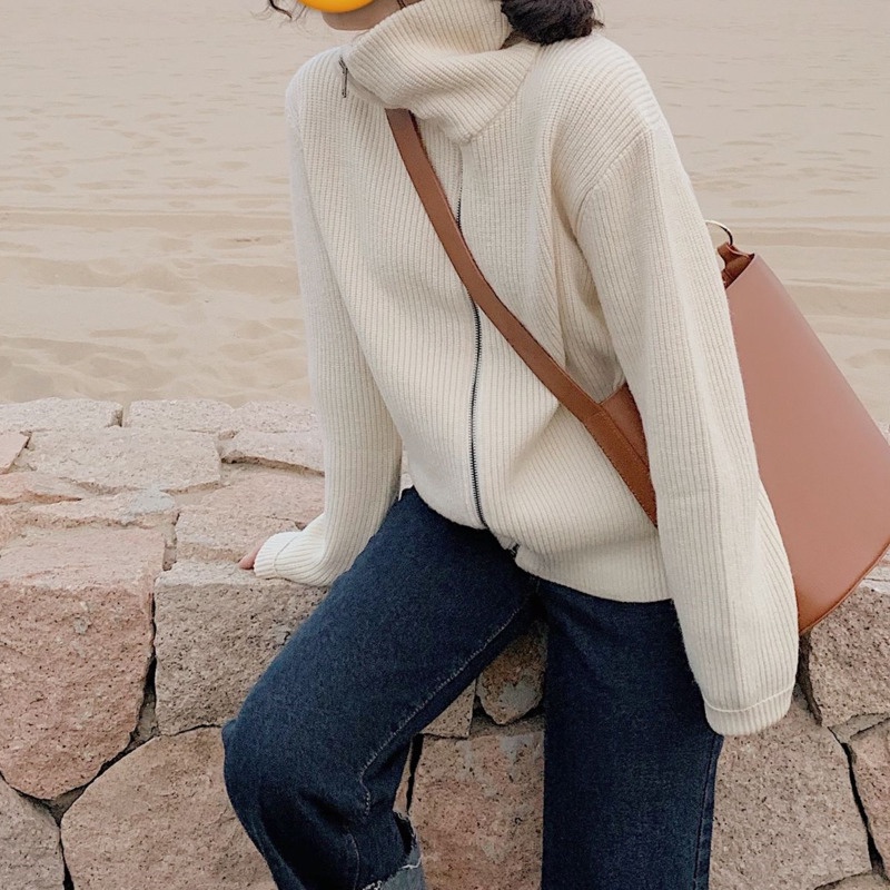 Áo Khoác Cardigan Dệt Kim Cổ Cao Dáng Rộng Màu Sắc Đơn Giản Thời Trang Thu Đông Cho Nữ