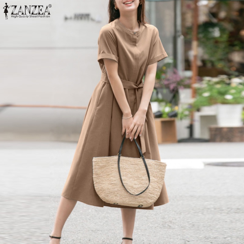 Đầm dài ZANZEA cổ tròn tay ngắn màu trơn phối túi thời trang tùy chọn màu sắc cho nữ