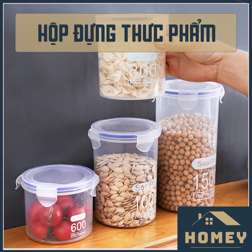 Hộp nhựa tròn, hộp đựng hạt HOMEY có nắp kín trong suốt 600ml 800ml 1500ml