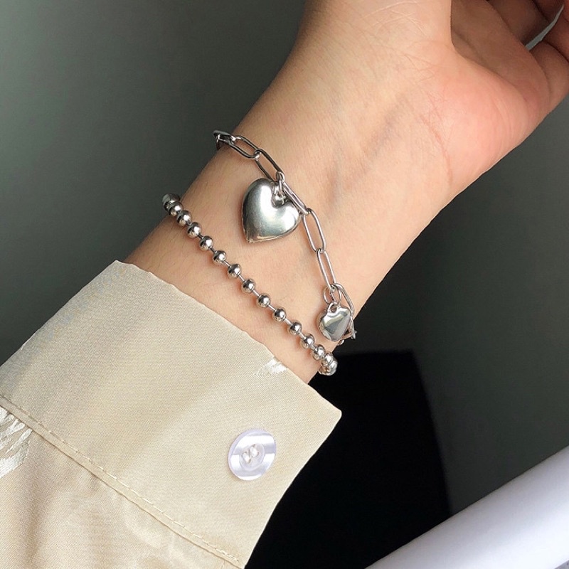 Vòng tay nữ Harajuku Kpop Style Trái Tim Thép Không Gỉ lắc tay unisex thép titan không gỉ phong cách Hàn Quốc