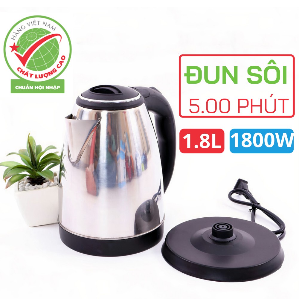 Ấm Siêu Tốc Đun Nước Electric Kettle, Bình Nấu Nước Siêu Nhanh 1.8 Lít Inox An Toàn Cho Gia Đình Lỗi 1 Đổi 1