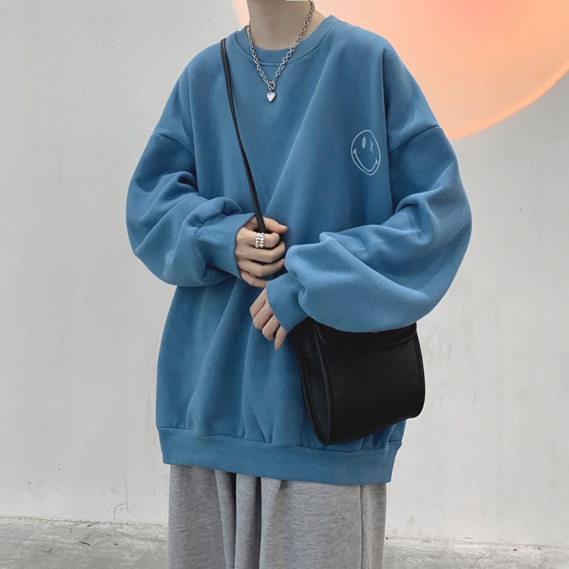Áo sweater cổ tròn tay dài dáng rộng in hình mặt cười phong cách đường phố Hong Kong thời trang thu đông cho nam