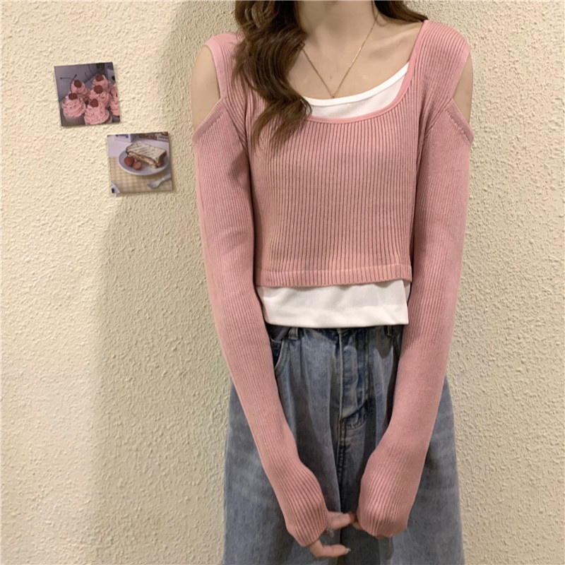 Áo dệt kim ZHELIHANGFEI tay dài trễ vai giả hai lớp phong cách thời trang cá tính cho nữ