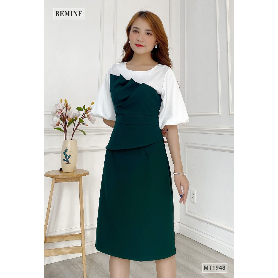 Đầm công sở xếp tầng phối trắng BEMINE MT1948XANH
