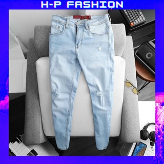 Quần jean nam rách gối màu xanh Hpfashion, Quần bò nam rách gối vải jean co giãn mềm mịn, form cực chuẩn - QJNTCS83