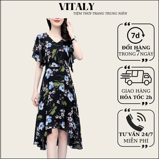 Đầm Trung Niên Sang Trọng Cao Cấp VITALY,Váy Lụa Nữ Cho Mẹ Đẹp Đi Chơi Dự Tiệc Du Lịch Dáng Dài Suông 30,40,50 Tuổi CV05