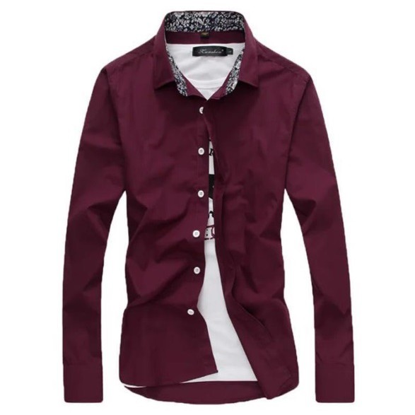 Sơ mi dài tay họa tiết cổ hoa màu đỏ đô dáng Hàn Quốc | BigBuy360 - bigbuy360.vn