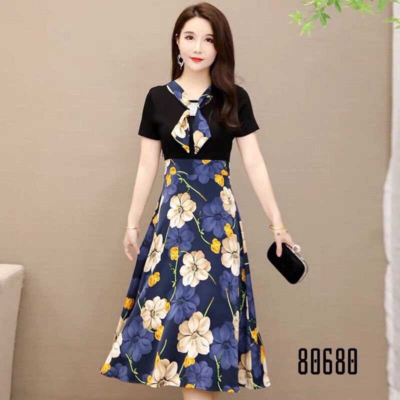 [MẪU MỚI]Đầm Thun Nhập Phối Lụa Hoa,Cổ  Ép Đá Siêu Hot 80680