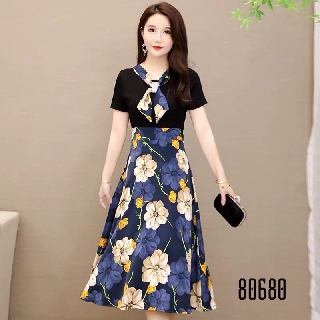 Đầm thun nhập phối lụa hoa,cổ ép đá siêu hot 80680