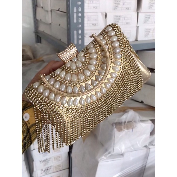 Bóp Đầm Đeo Vai Gắn Hạt Trang Trí Cao Cấp