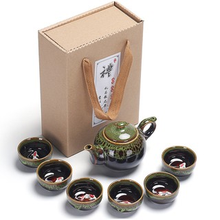 Bộ ấm, bình pha Trà gốm sứ 1 bình 6 tách tráng men cao cấp in nổi 3D