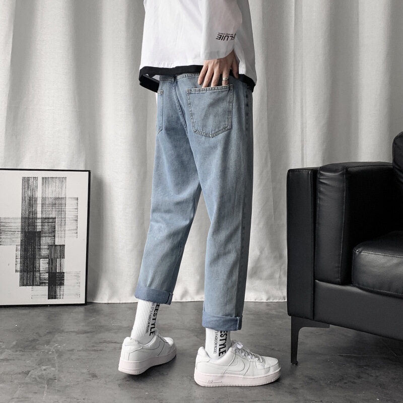 Quần jean AOKANG ống suông màu xanh dương và đen thoải mái cho cặp đôi