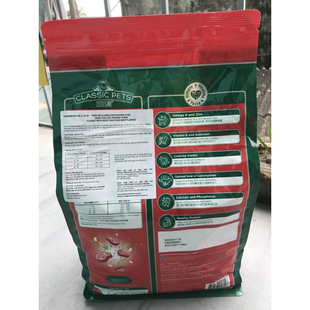 THỨC ĂN HẠT CHO CHÓ TRƯỞNG THÀNH Classic Pets Adult Dog Hương vị Bò Túi 2kg Xuất xứ Thái Lan