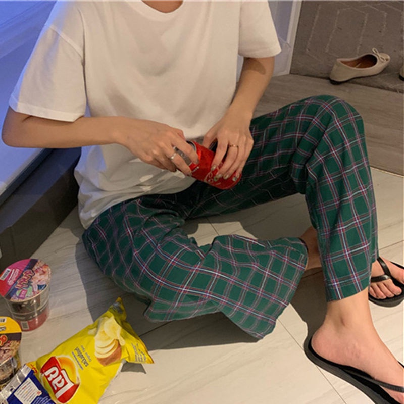 Bộ đồ ngủ tay ngắn dáng rộng quần họa tiết sọc caro phong cách Hàn Quốc thời trang mùa hè năng động cho cặp đôi