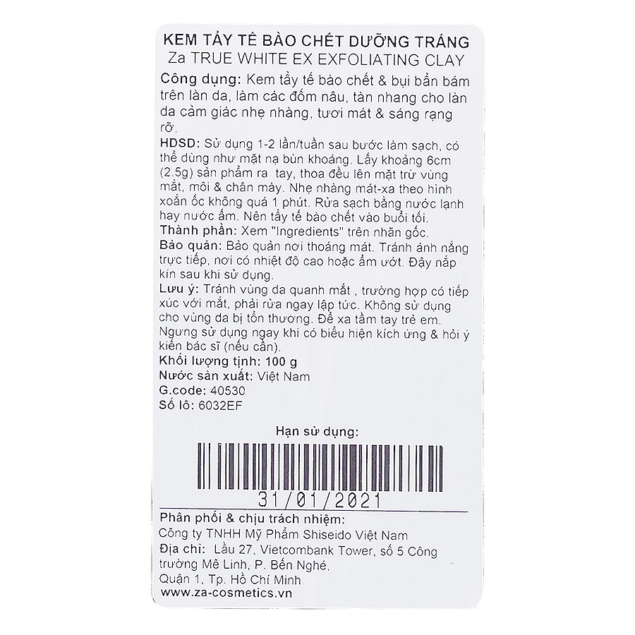 Kem Tẩy Tế Bào Chết Làm Sáng Và Đều Màu Da Za True White Ex Exfoliating Clay 100ml  (1)