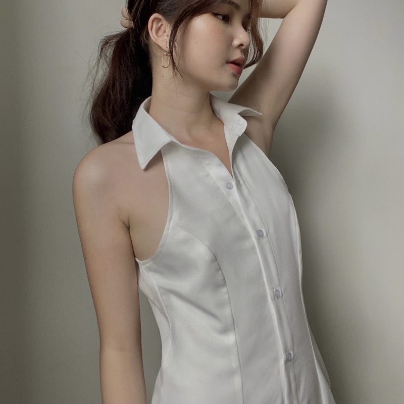 Đầm sơ mi LAMUSE thiết kế dáng dài cộc tay chất satin nhung mềm mịn (Sleeveless Shirt Dress) | BigBuy360 - bigbuy360.vn