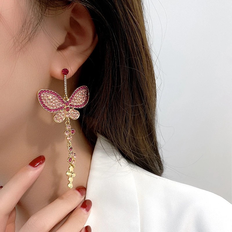 Bông Tai Dáng Dài Phối Tua Rua Hình Bướm Đính Kim Cương Màu Bạc Phong Cách Hàn Quốc Thời Trang Mới 2021 Cho Nữ