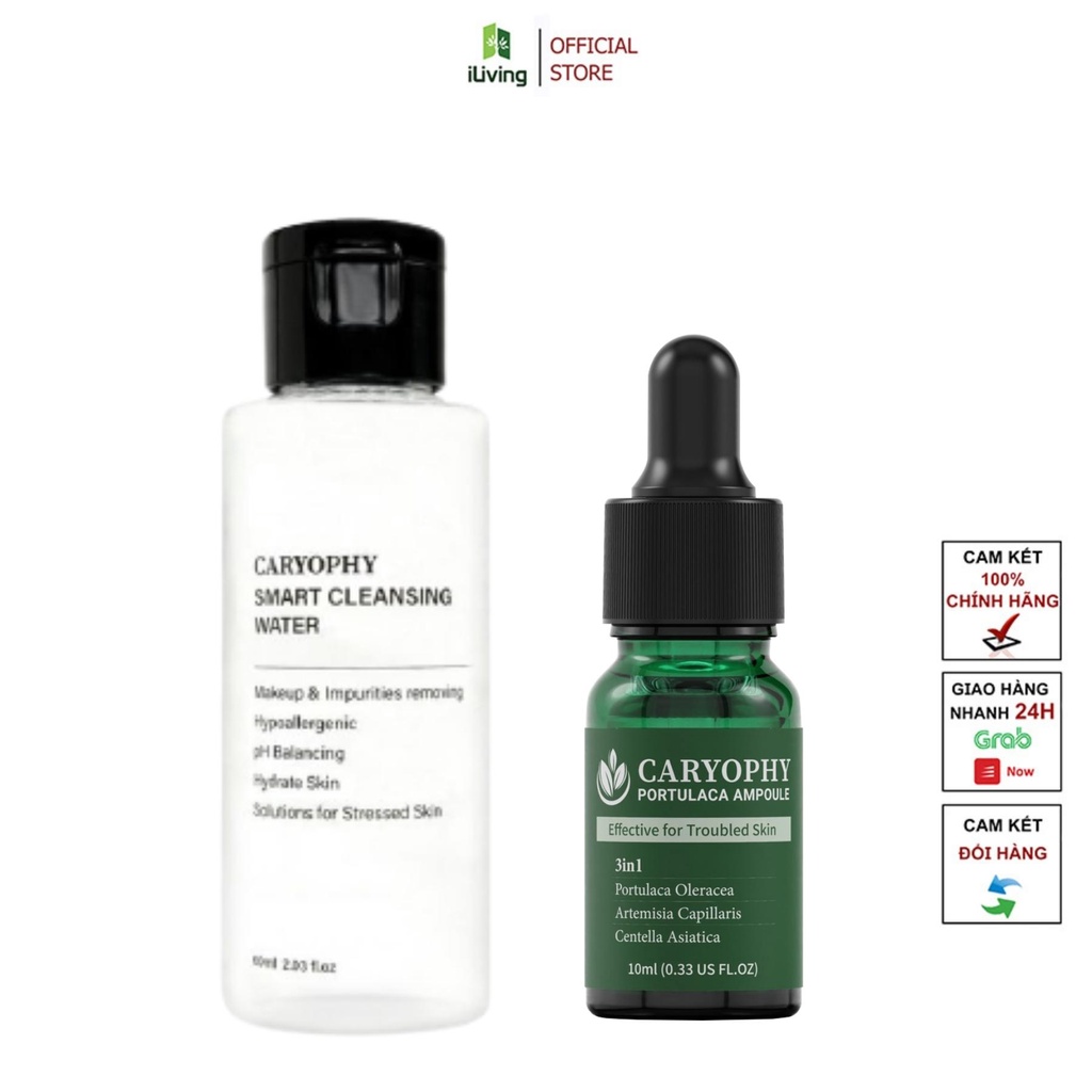 Combo dưỡng da giảm mụn mờ thâm Caryophy ( Nước tẩy trang 60ml + Serum 10ml) ILIVING-CARCBMNNTTSR10