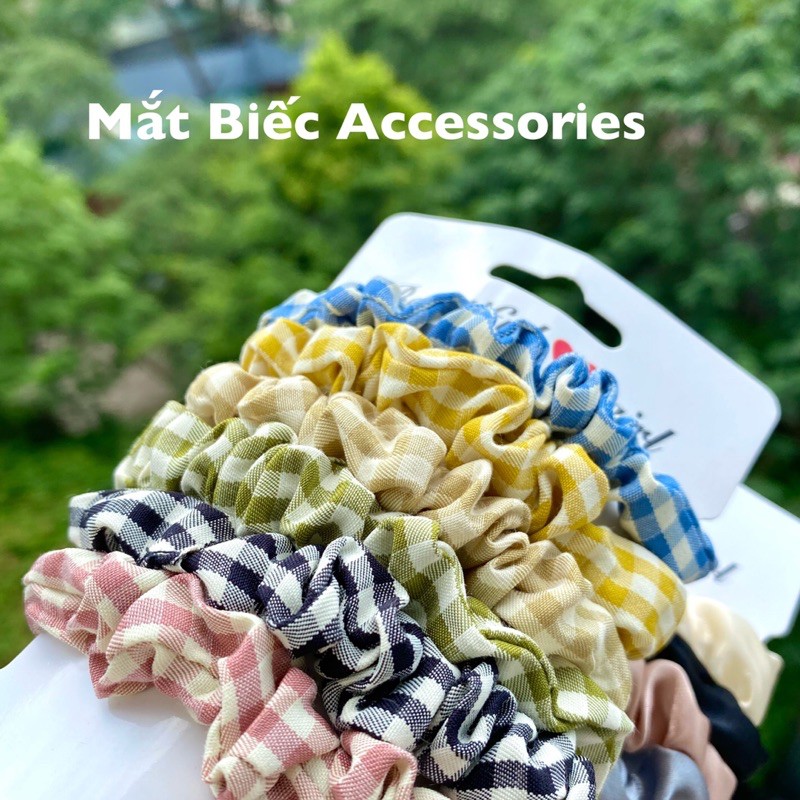 Set dây buộc tóc vải kẻ caro, vải lụa xinh xắn D07