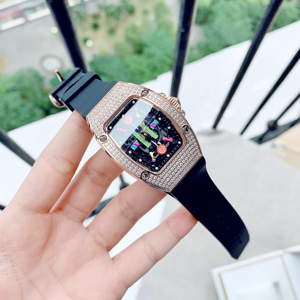 Đồng Hồ Huboler Hanboro Nữ Dây Da Silicon Đen Mặt Sắc Màu Rose Gold Authentic 31x42mm