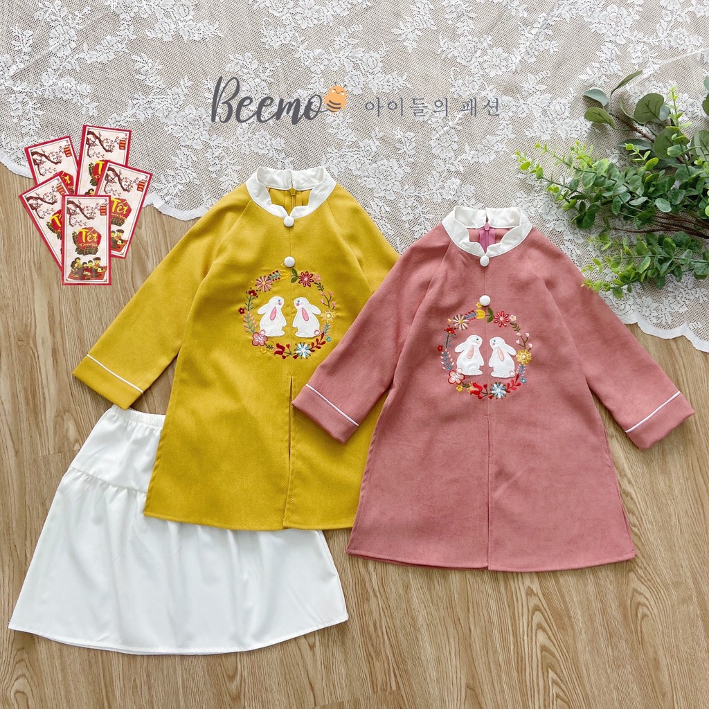 Set bộ áo dài Beemo cho bé gái thêu thỏ trước ngực dễ thương chất nhung mềm mại 20D080