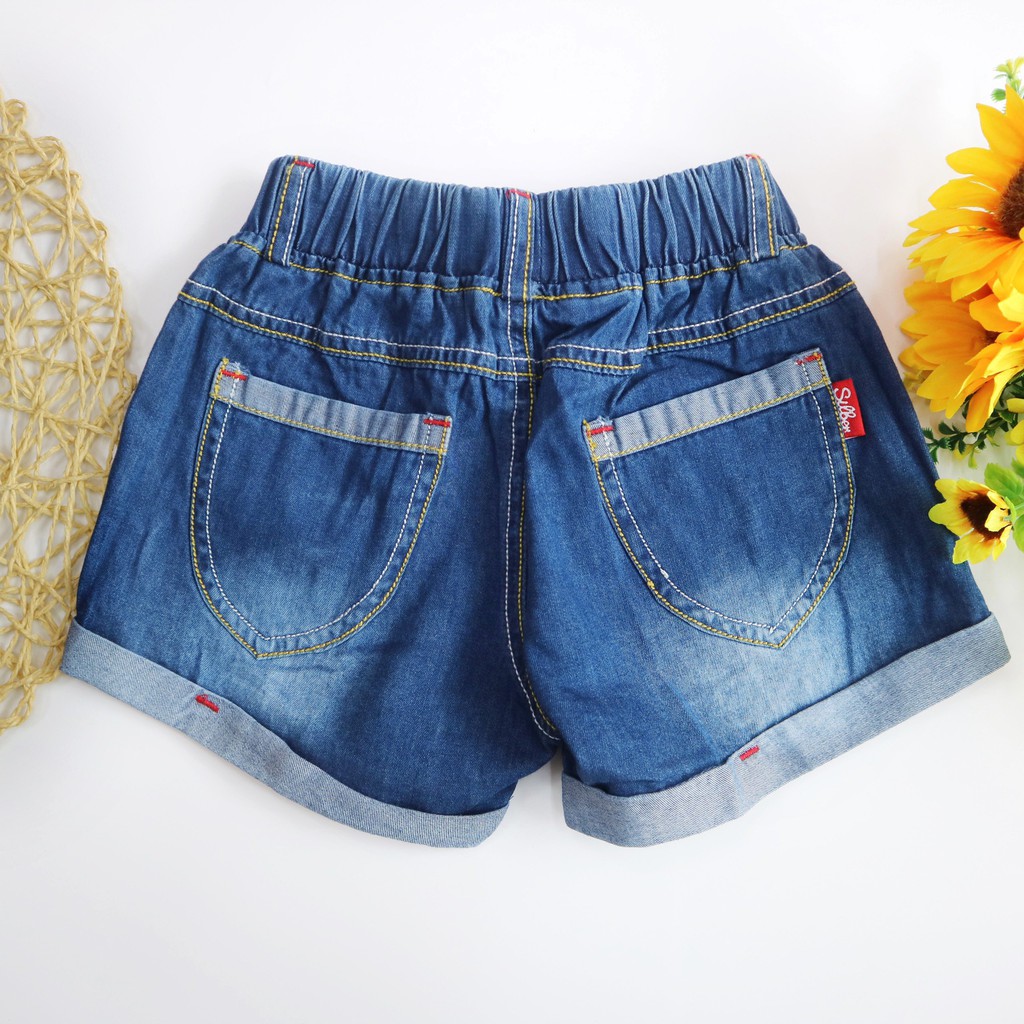 [Mã BMBAU50 giảm 7% đơn 99K] Quần Short Jean Bé Gái Phối Trái Tim Tua Rua, Nơ Kẻ SILBER KIDS