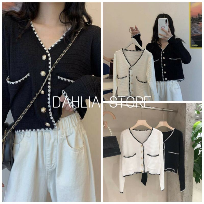 Áo KhoácWEAVING Nữ  🌸 Cardigan len mỏng dệt khóa bạc dáng ngắn croptop cổ V màu ĐEN | TRẮNG Ulzzang 🌸