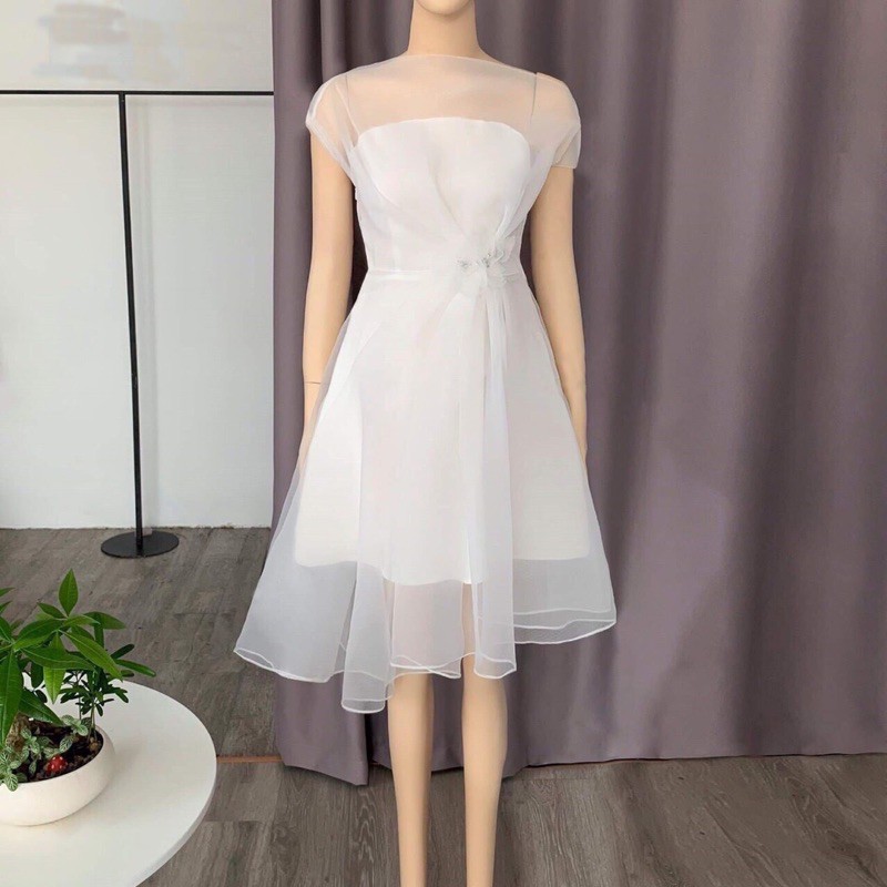 - Đầm tiệc Voan xốp hoa eo lửng