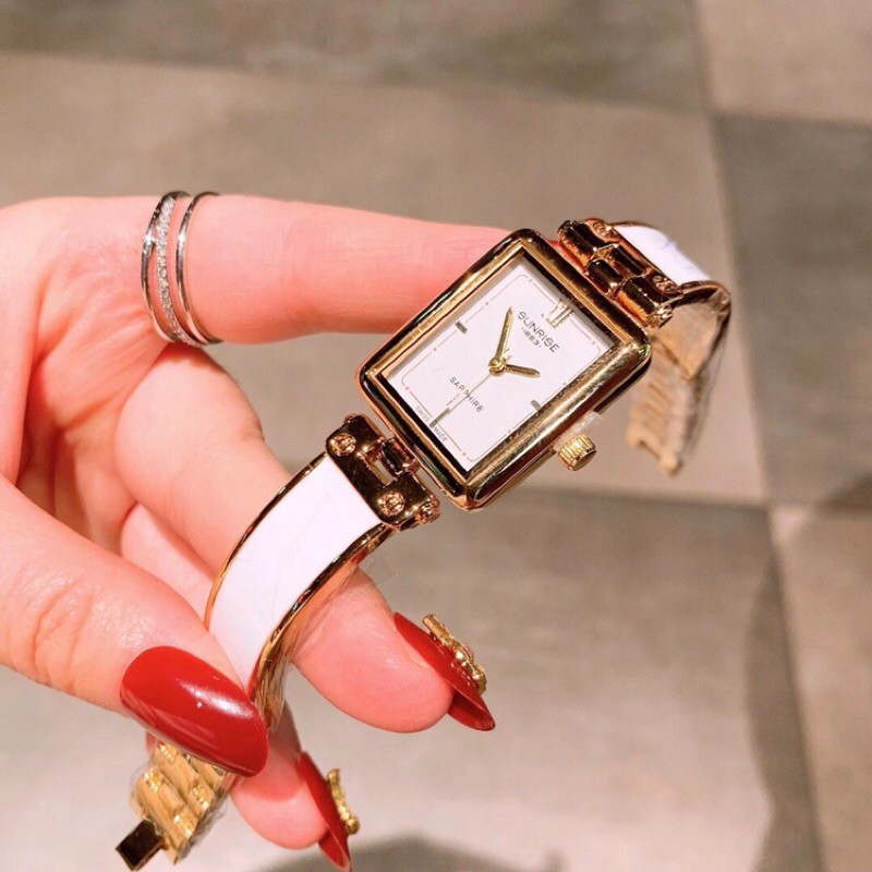 Đồng hồ nữ chính hãng Sunrise mặt chữ nhật dây đá sứ
