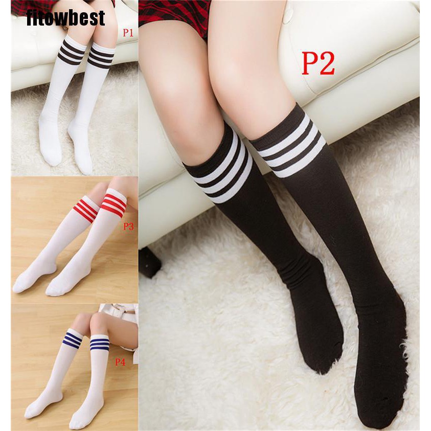 Vớ cotton cao GJCUTE 3 sọc màu trơn dành cho nữ