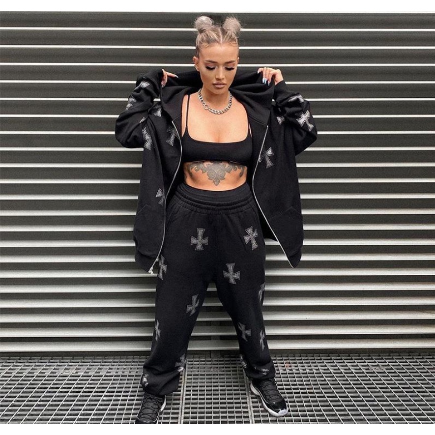 Set Áo Hoodie Dài Tay Đính Đá + Quần Dài Phong Cách Hiphop Thời Trang Hàn Quốc