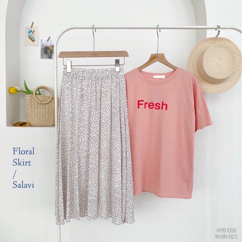 Chân váy midi hoa nhí dáng xoè vintage ảnh thật