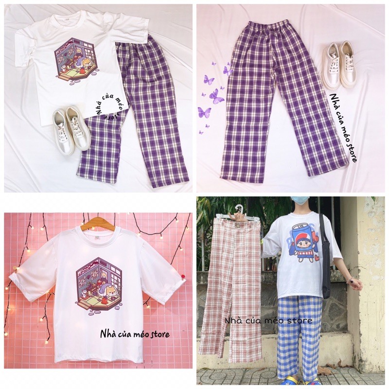 Áo Thun Kèm Quần Caro Ống Rộng Freesize Unisex Chất Liệu Thoáng Mát, Mau Khô [NHÀ CỦA MÉO STORE]